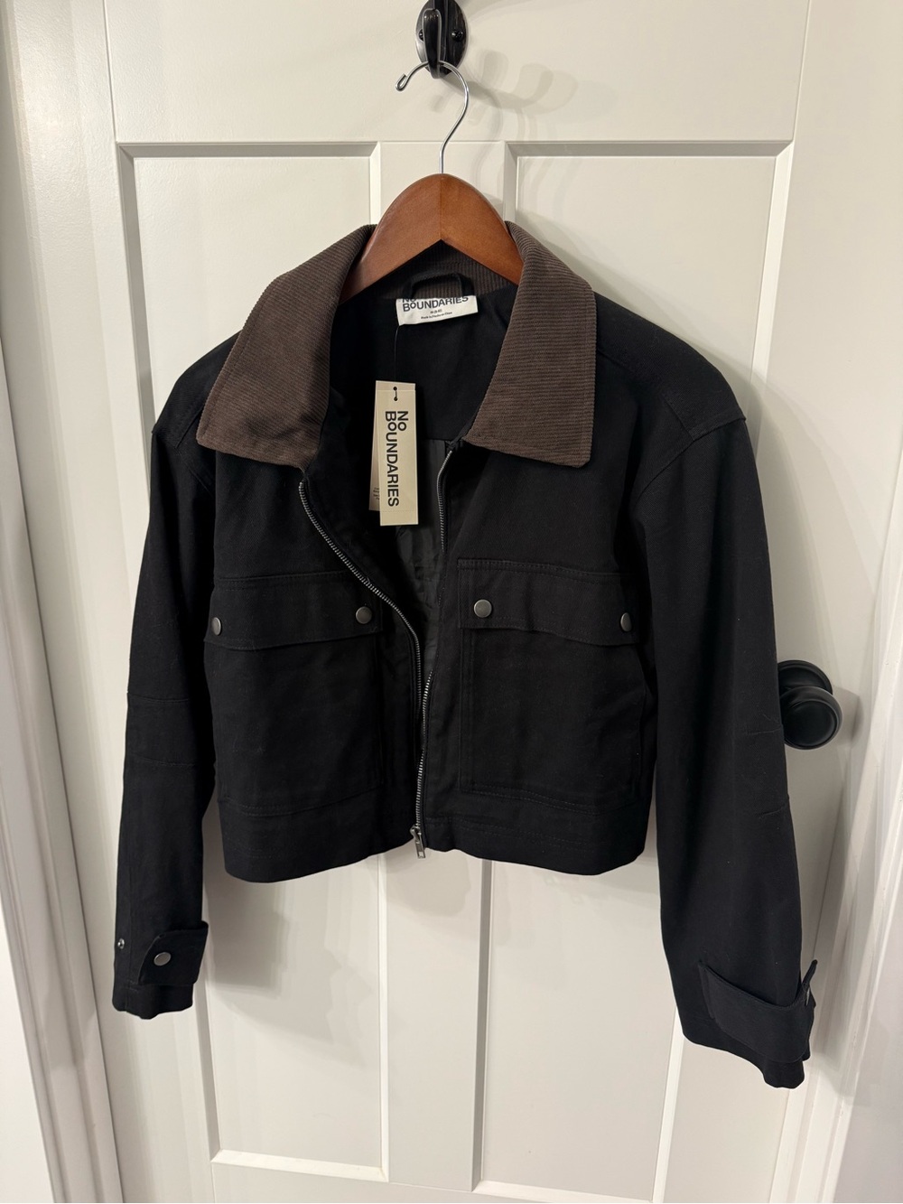 Boundaries Black Cropped Jacket with Brown Corduroy Collar
